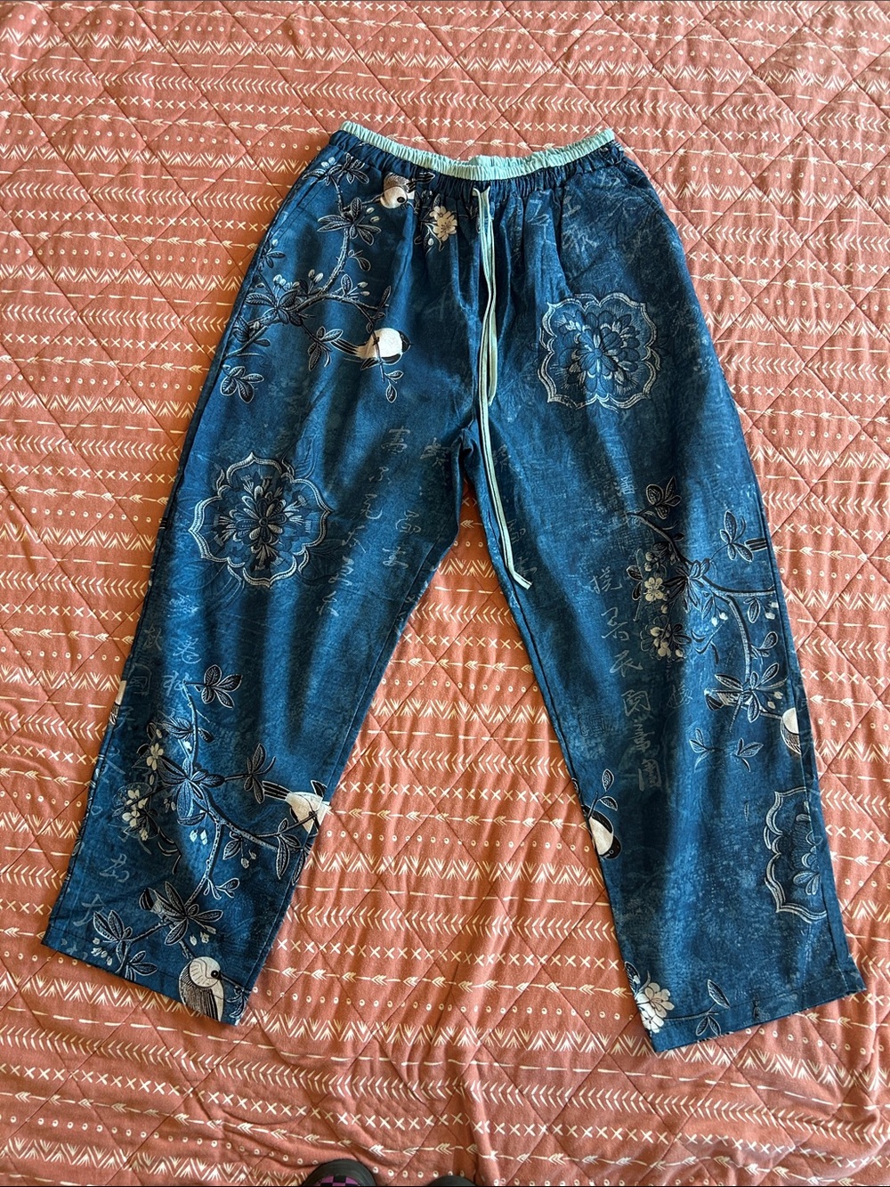 Girls' Navy Floral Print Elastic-Waist Casual Pants